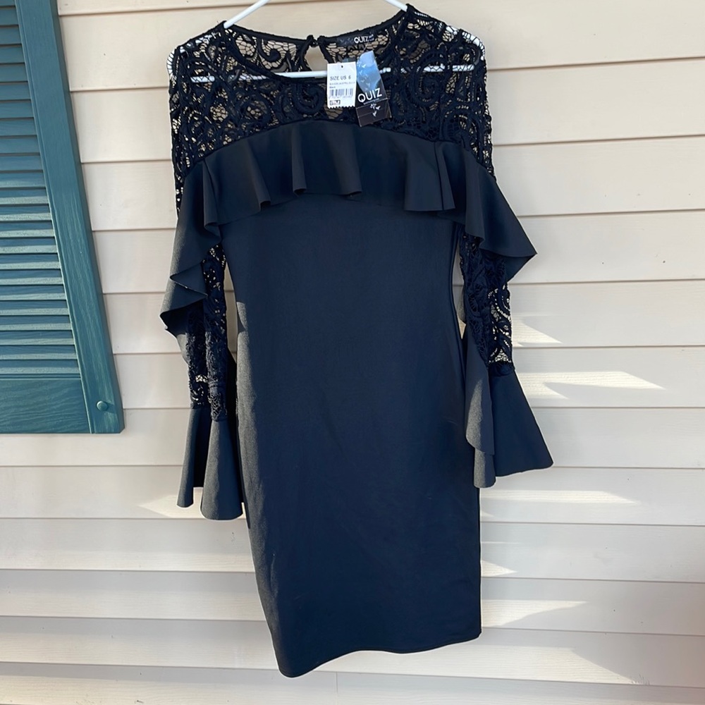 NWT Quiz Black Long Sleeve Lace Detail MIDI Dress Size 6